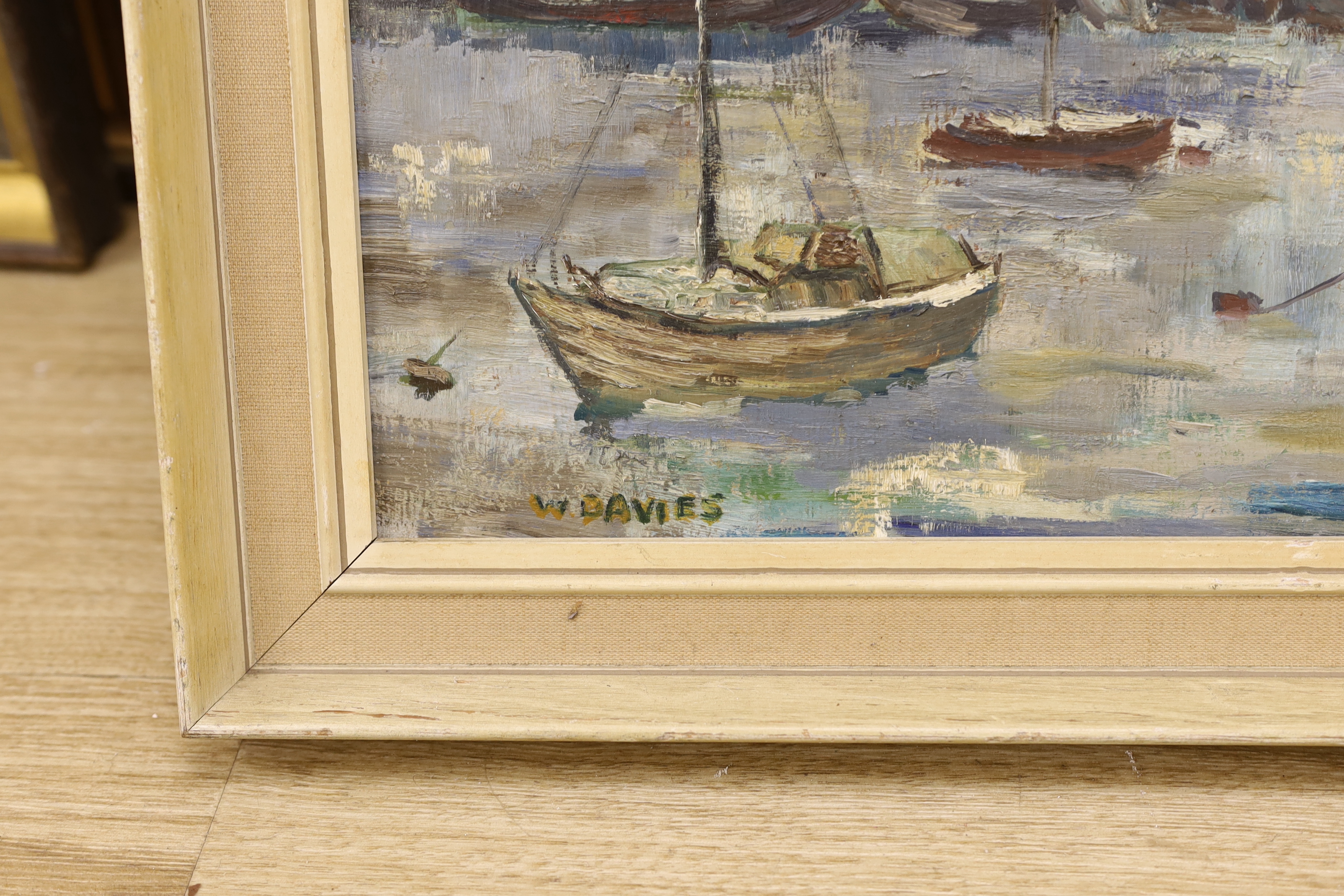 William Davies (1928-) Wapping Group, oil on board, 'Houseboats at Chelsea’, signed, 44 x 60cm